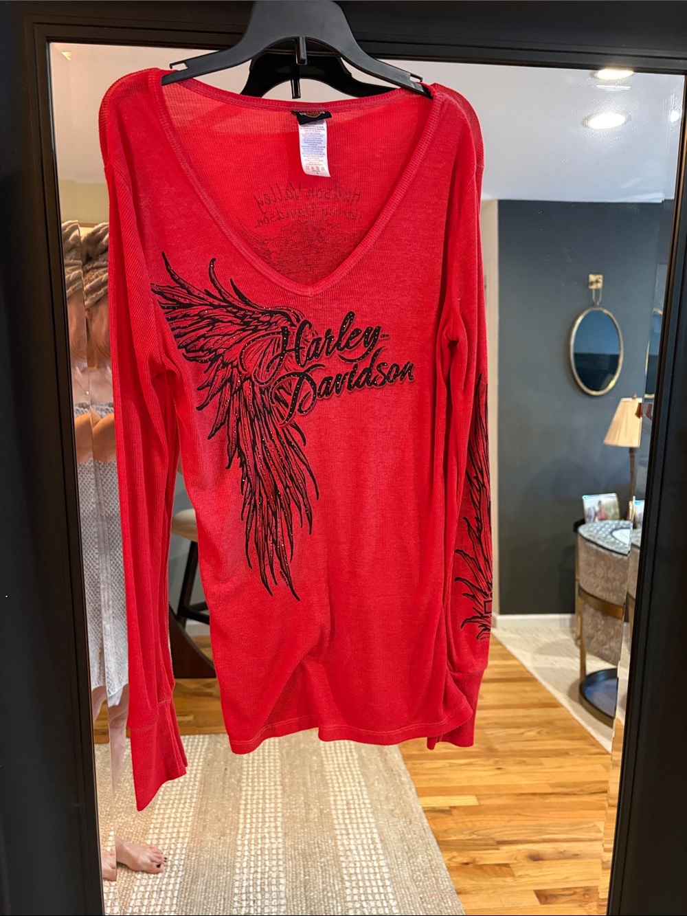 Harley-Davidson Women's Red Long Sleeve V-Neck Top with Black Wing Graphic